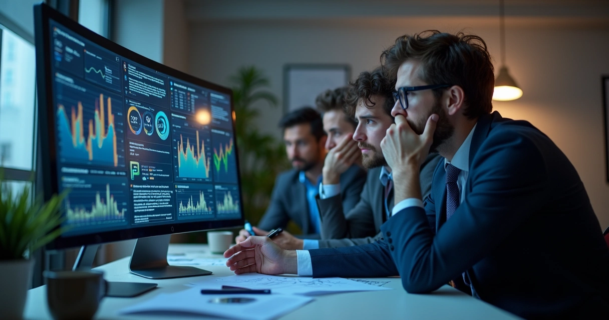 Equipe de trabalho olhando tensa para uma tela de computador, mostrando gráficos em tempo real.