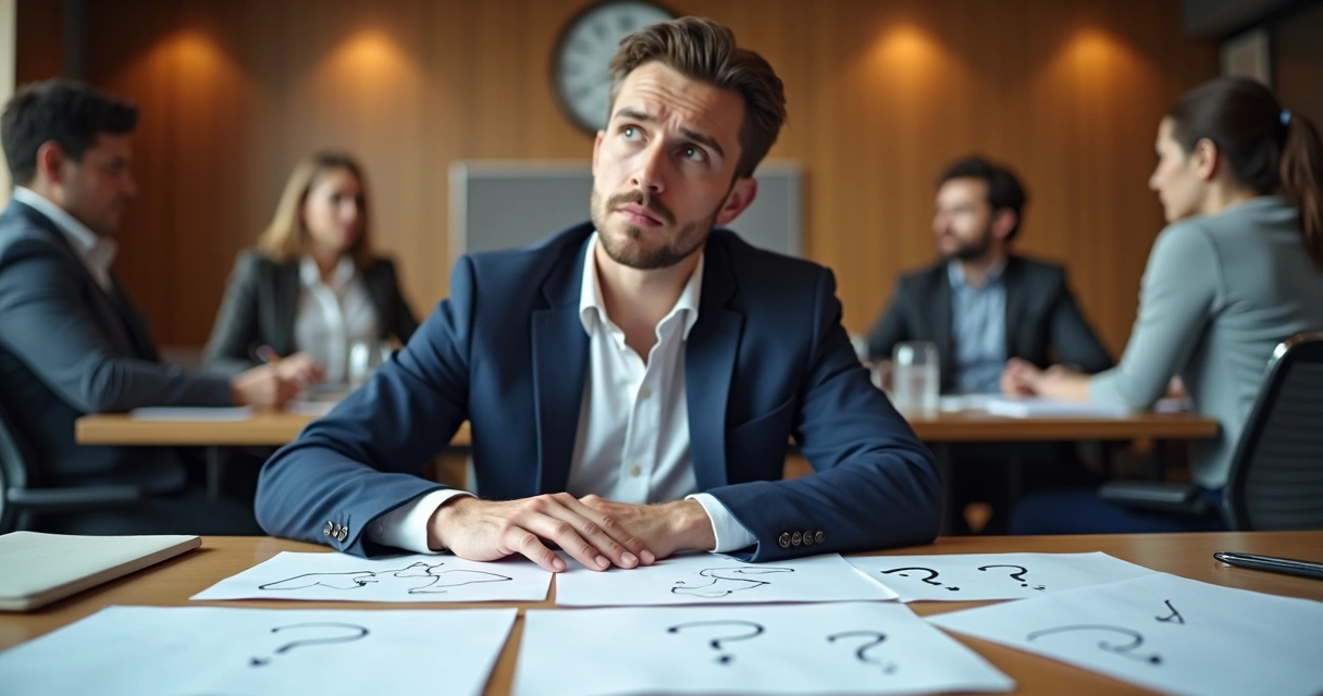 Pessoa em mesa de reuniões olhando para várias opções de decisão 