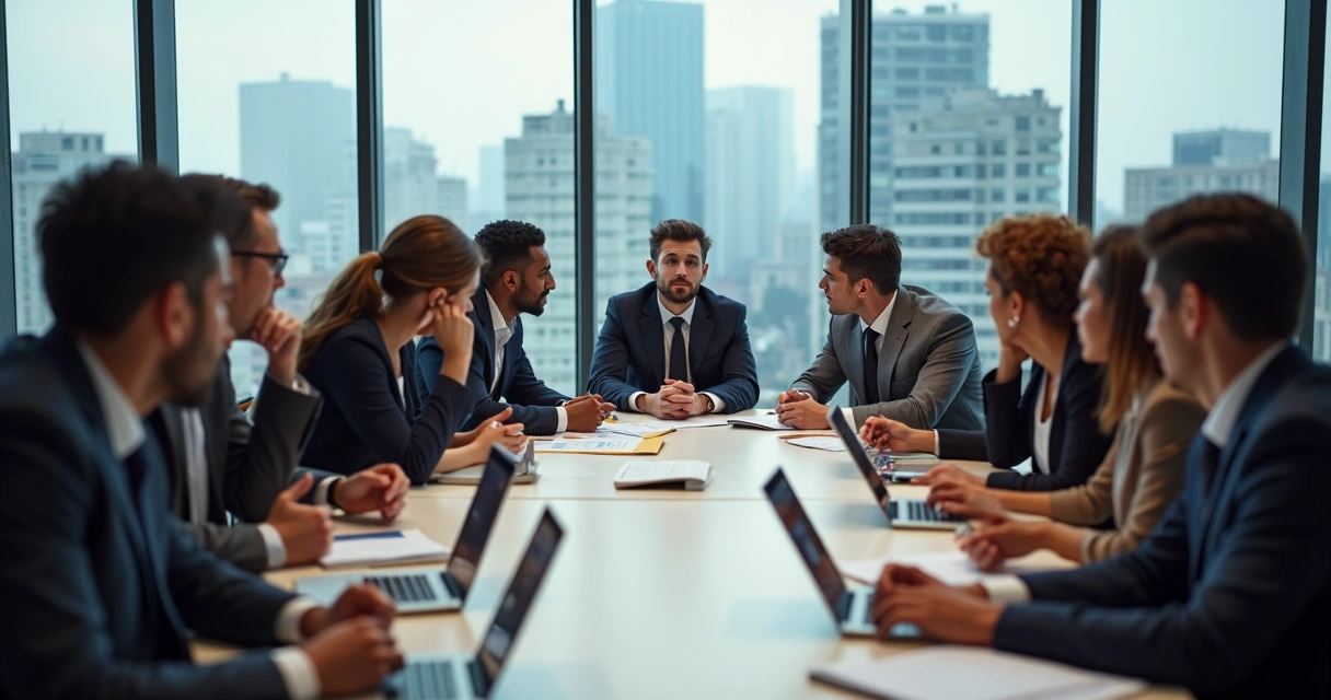 Pessoas em uma reunião olhando dúvidas e propostas de carreira em uma sala de escritório moderna 