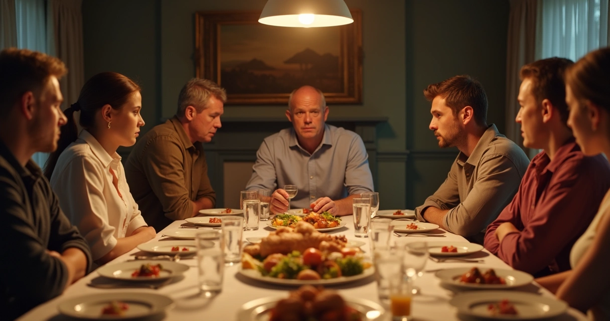 Família em uma mesa olhando para uma pessoa com expressões de expectativa 