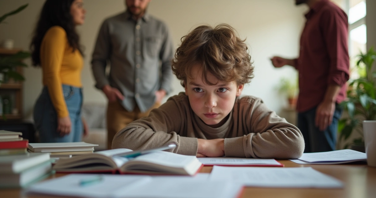 Estudante pensativo sentado à mesa com livros, família ao fundo conversando 