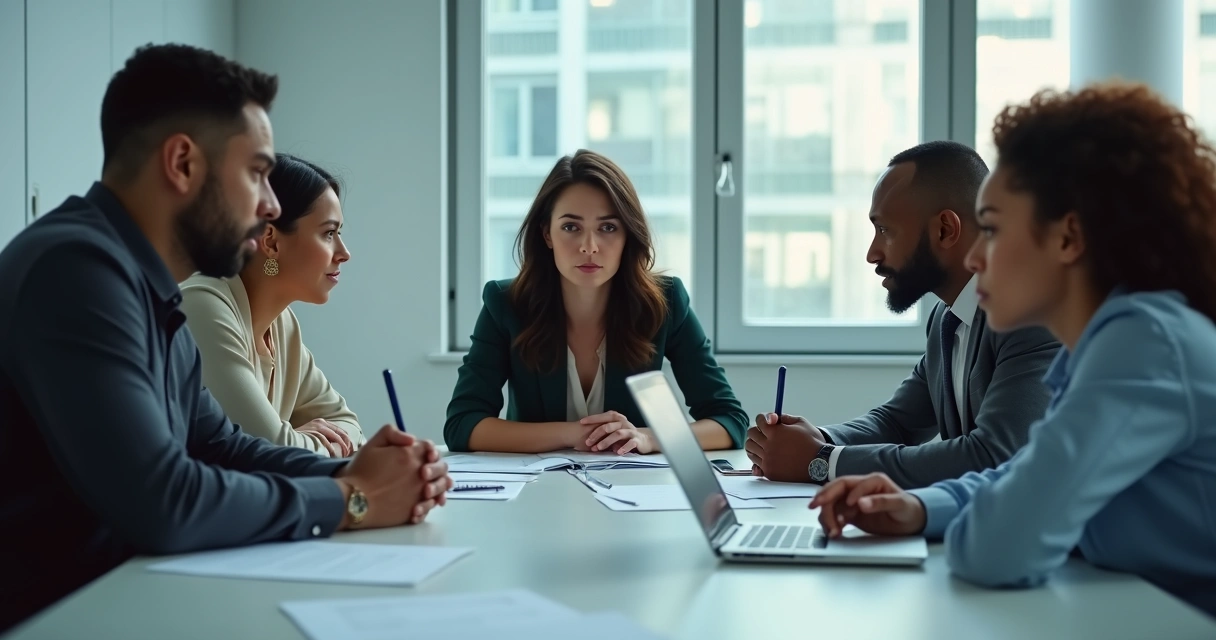 Grupo de pessoas tomando decisões juntos em ambiente de trabalho, clima de tensão
