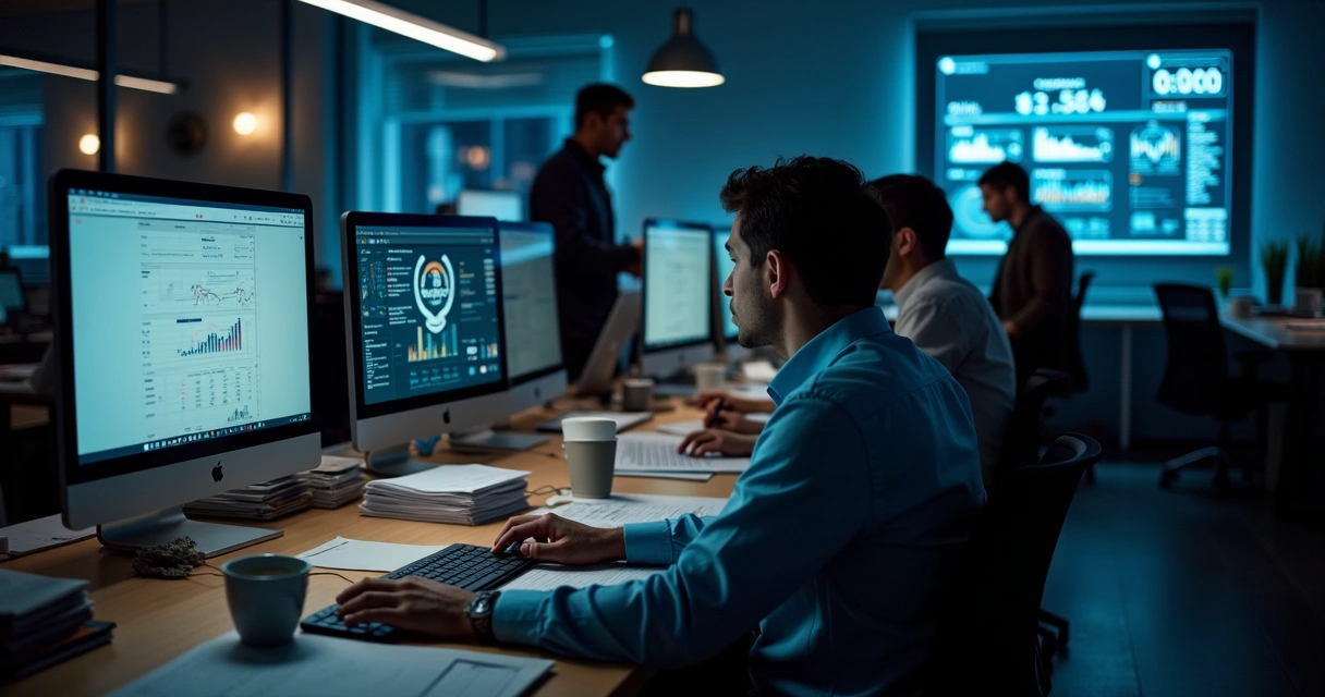 Equipe sob pressão em ambiente corporativo inovador 