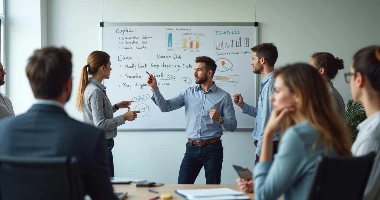 Colaboradores preocupados analisando quadro de metas na parede. 