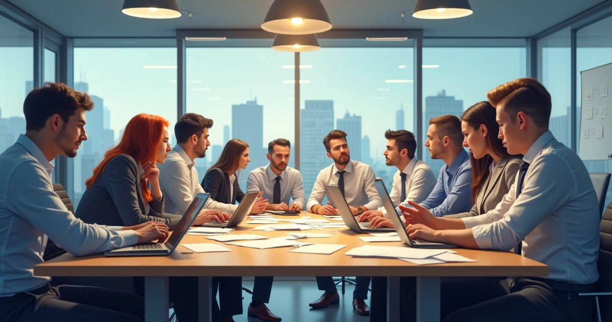 Colegas de trabalho sentados ao redor de uma mesa, com expressões de tensão e papéis espalhados 