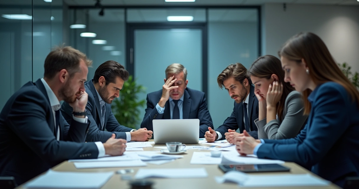 Equipe em mesa de reunião com expressões tensas e papéis amassados sobre a mesa 