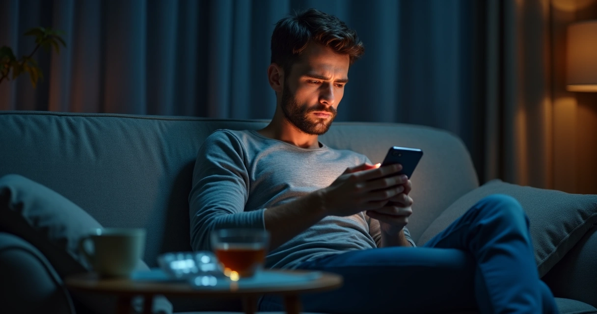 Pessoa olhando rede social de saúde com expressão de dúvida 