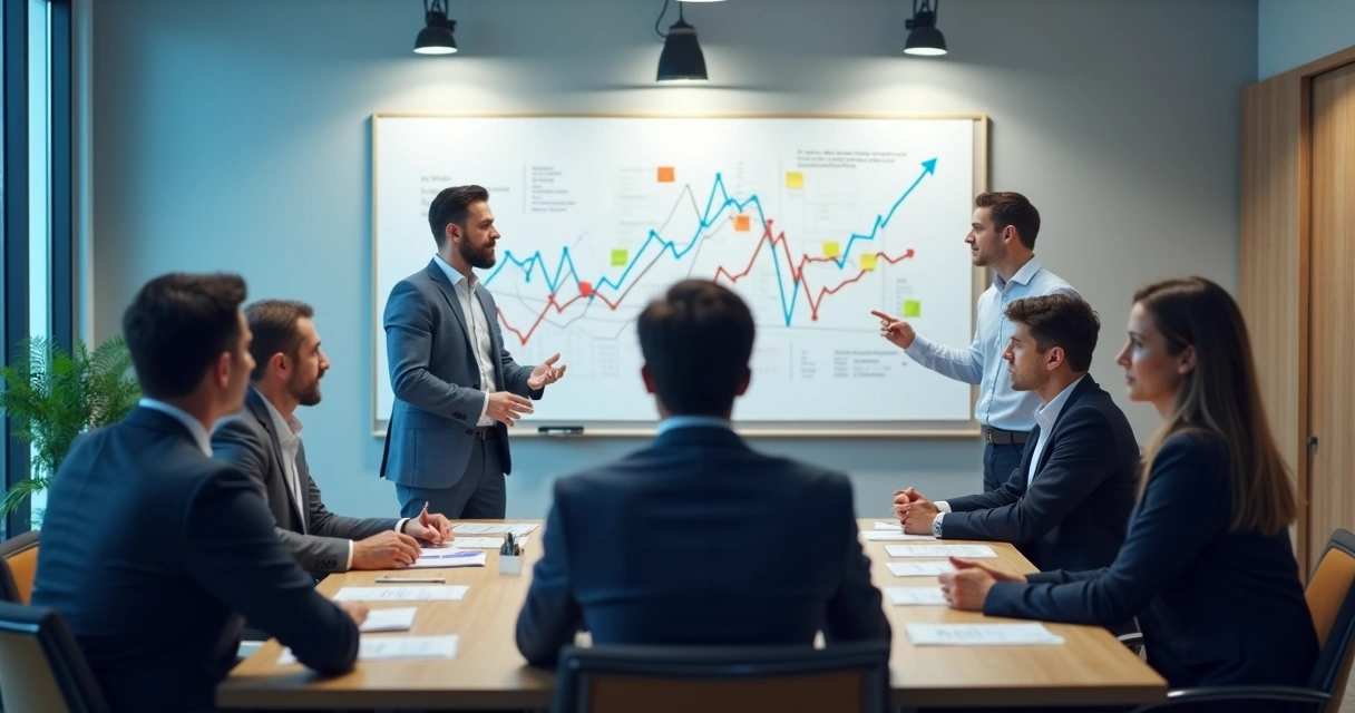 Pessoas em reunião, trocando ideias em uma sala de reunião com gráficos no quadro branco