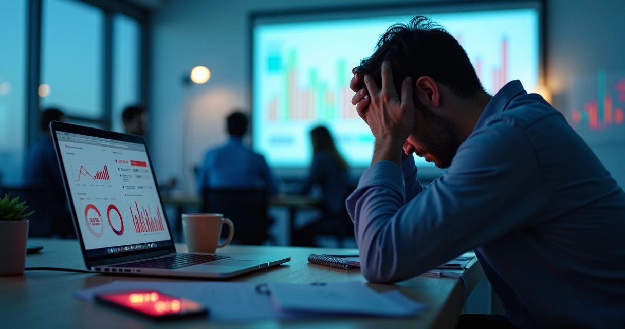 Profissional sentado à mesa de trabalho com gráficos de desempenho ao fundo em clima de pressão e exaustão 
