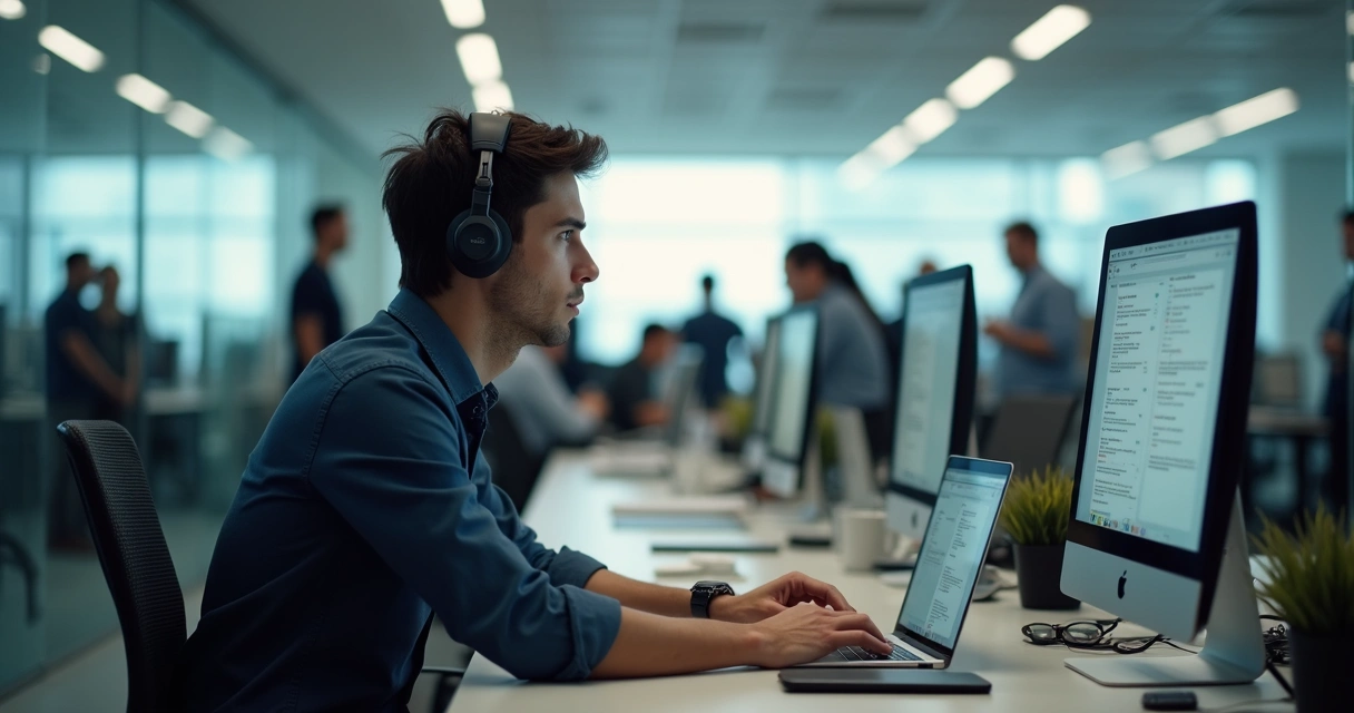 Profissional em meio a escritório lotado com fones de ouvido em foco calmo 