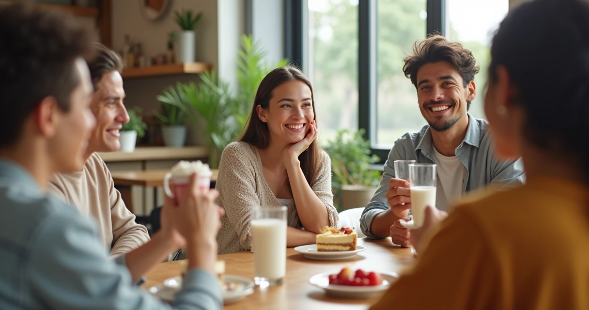 Pessoa em um café recusando educadamente bebidas lácteas enquanto amigos insistem 