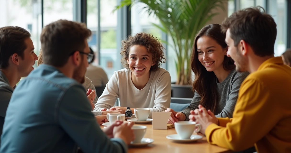 Grupo de amigos conversando em um café, um deles olhando para baixo, mostrando desconforto 