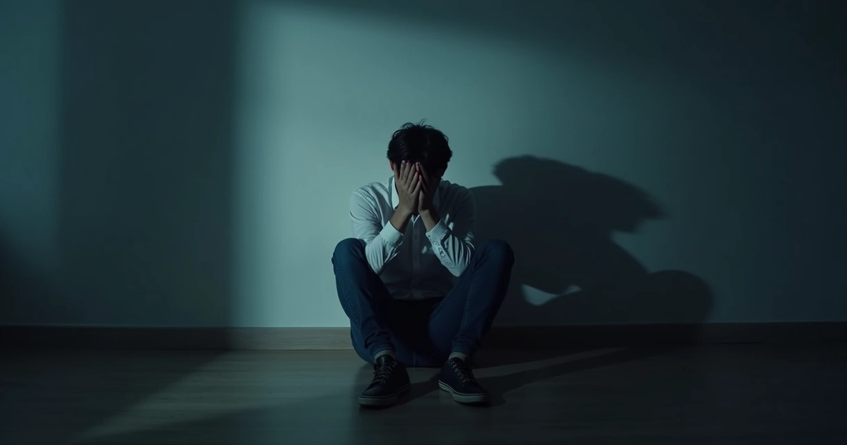 Pessoa sentada sozinha em uma sala iluminada, parecendo indecisa, escondendo o rosto nas mãos, com sombras projetadas na parede ao fundo 