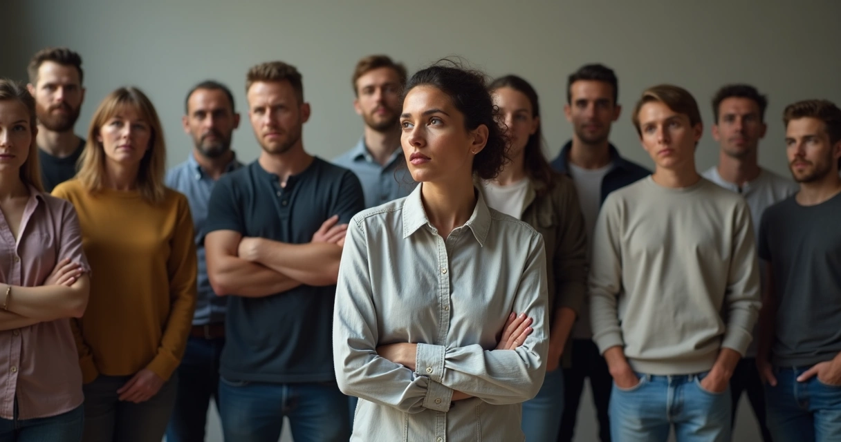 Pessoas de diferentes idades e estilos olhando para uma pessoa no centro, transmitindo pressão social