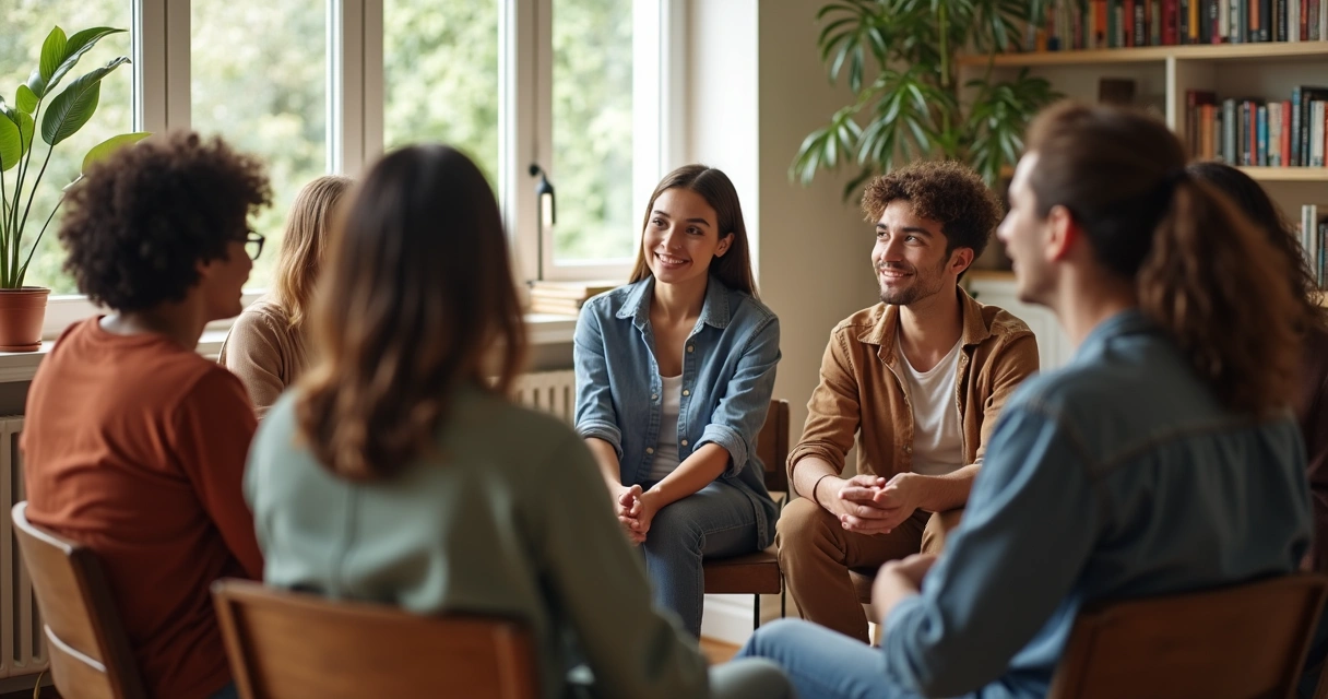 Grupo em círculo discutindo enquanto uma pessoa observa em silêncio.