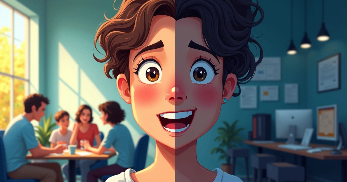 Rosto dividido entre expressões felizes e preocupadas, metade em ambiente social 