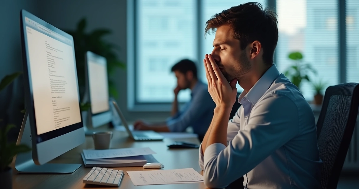 Pessoa sentada em cadeira de escritório, olhos fechados, respirando fundo, ambiente corporativo ao fundo 