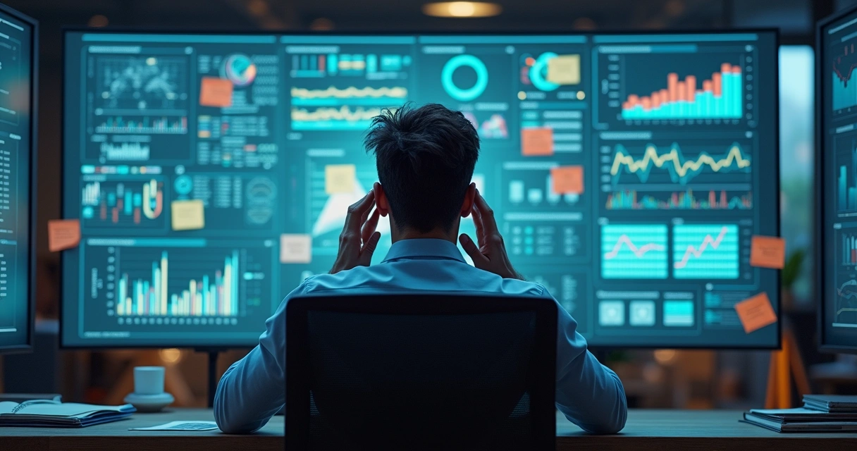 Homem pressionado sentado em frente a painel de tarefas 