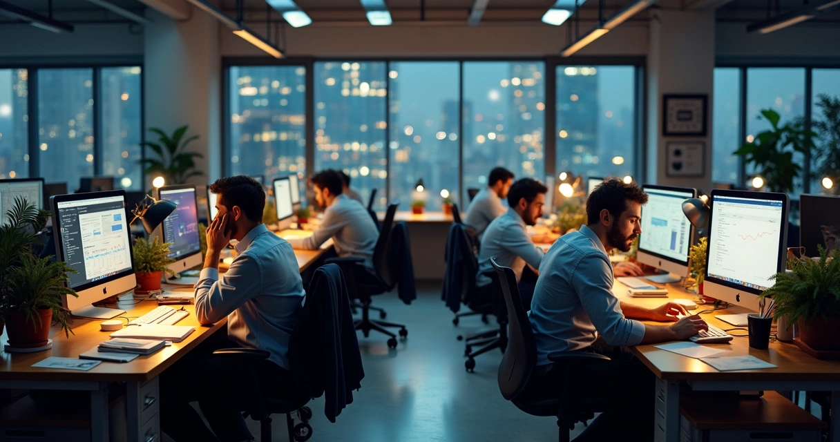 Equipe de startup trabalhando sob pressão com múltiplas telas e prazos 
