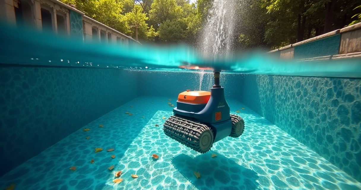 Pressure pool cleaner in a large outdoor pool with leaves and debris 
