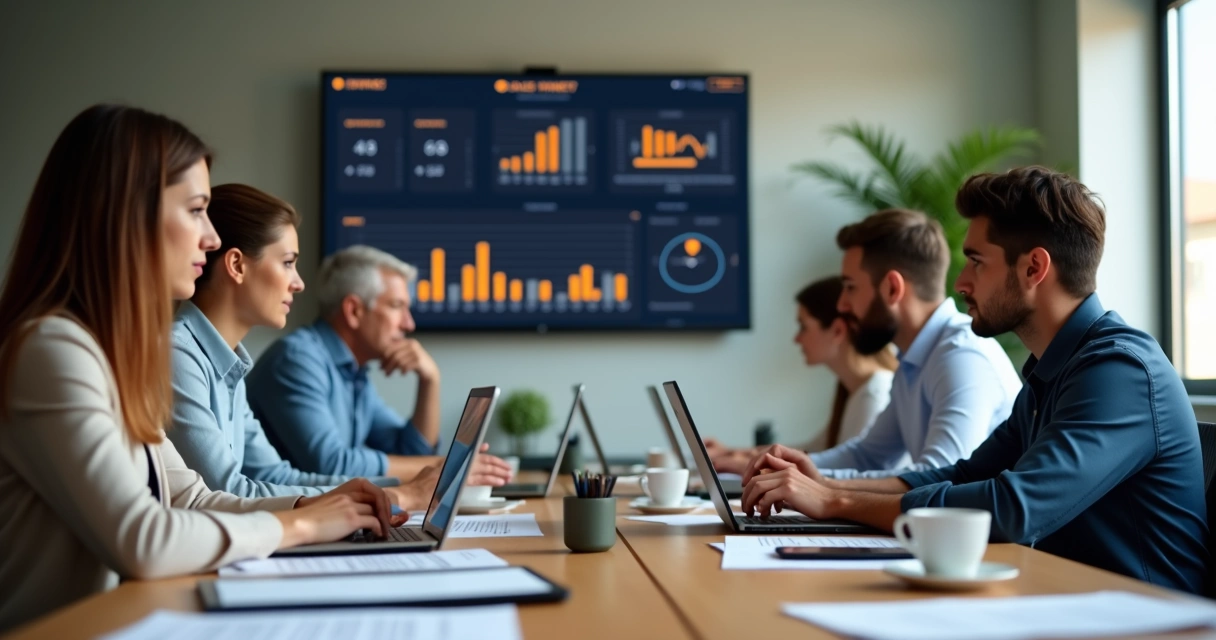 Colleagues at a meeting table in an office, some stressed, focusing on laptops, emphasis on sales targets
