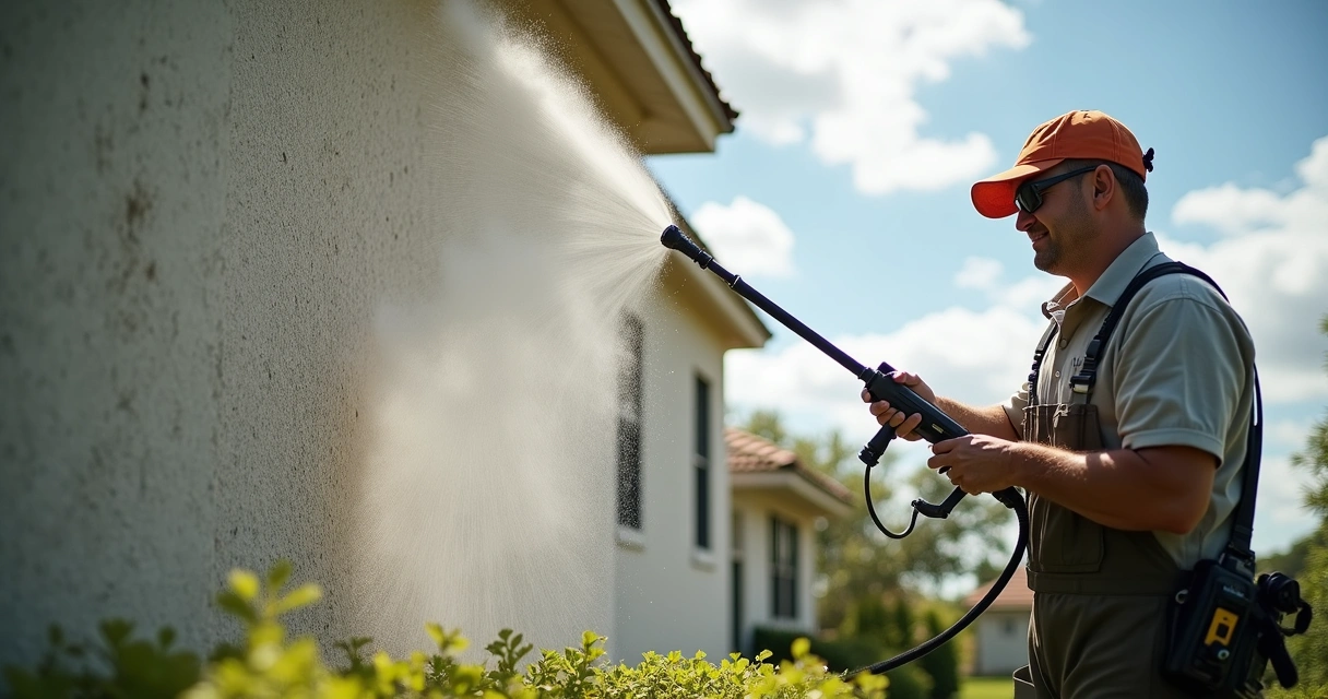 Pressure washing stucco wall in Central Florida. 