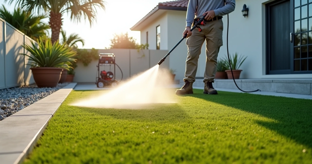 Technician pressure washing artificial turf patio in Orlando backyard 