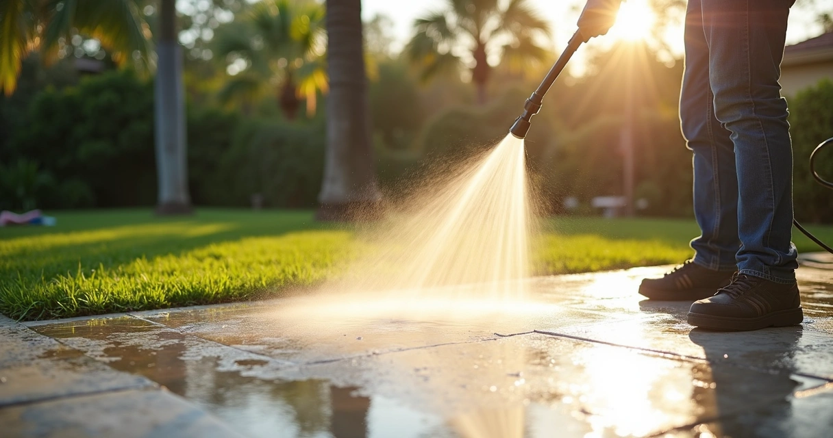Pressure washing a concrete patio with visible water spray, outdoor setting, green lawn in background 