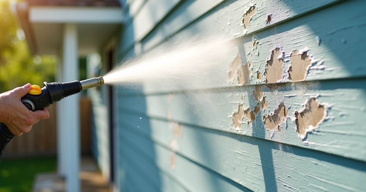 Pressure washing a painted wall with water paint stripping off 