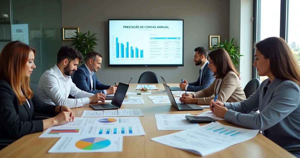 Reunião de diretoria analisando relatórios de prestação de contas em associação comercial 