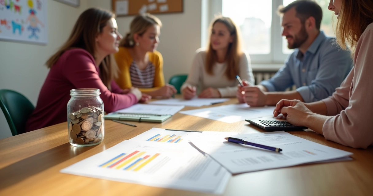 Mesa de reunião simples com prestação de contas impressa e membros de associação analisando juntos 