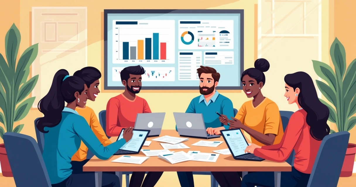 Equipe de campanha reunida analisando notas fiscais e documentos. 