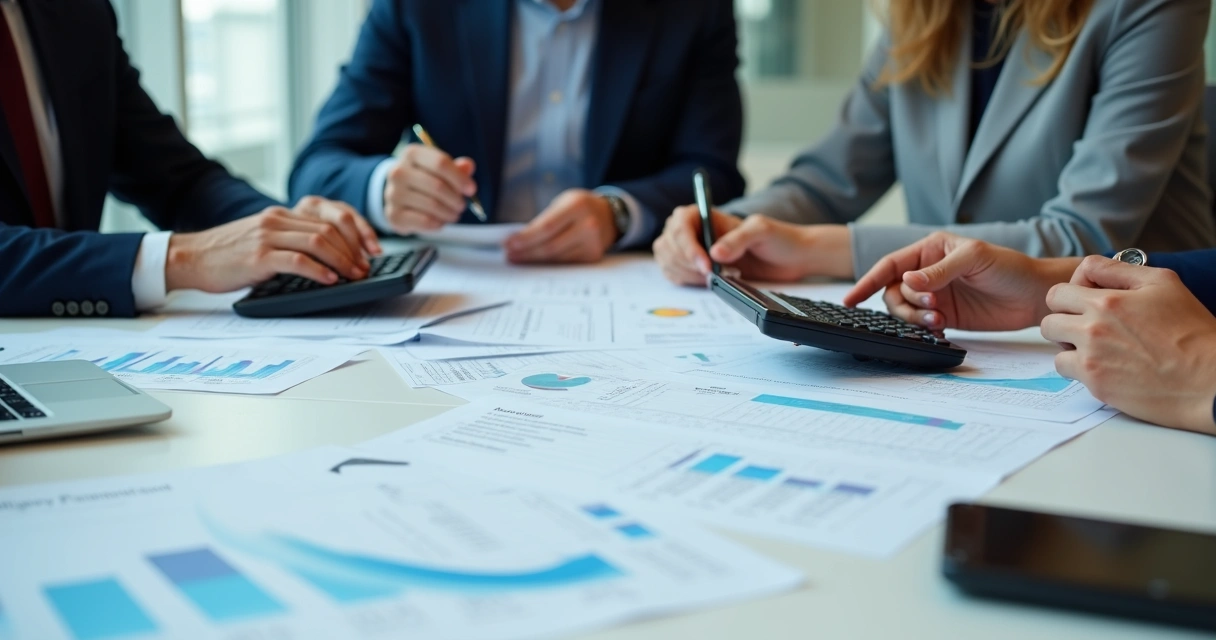 Equipe revisando notas fiscais e documentos em mesa para prestação de contas eleitoral 