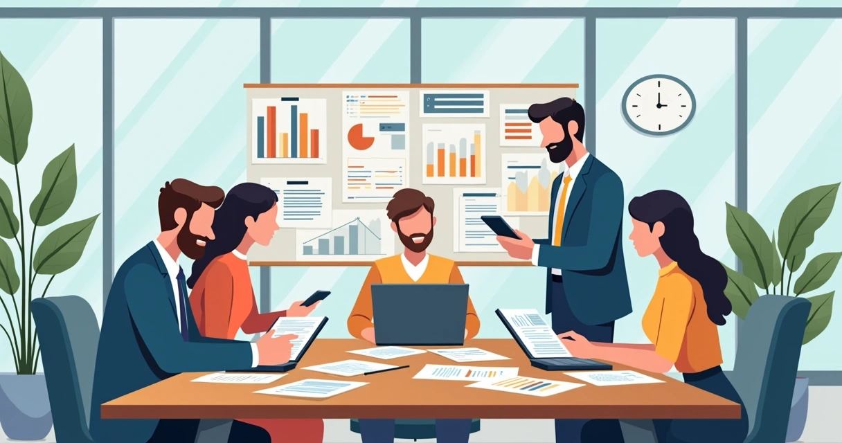 Equipe reunida analisando documentos financeiros e gráficos