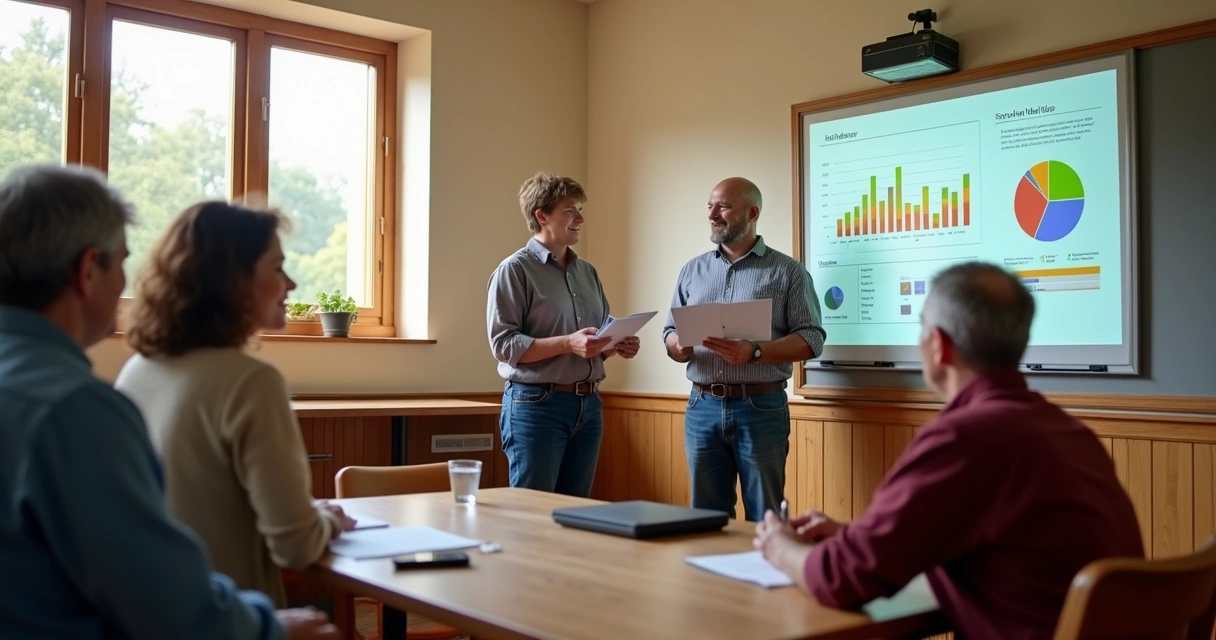 Líderes apresentando relatório financeiro para membros da igreja 