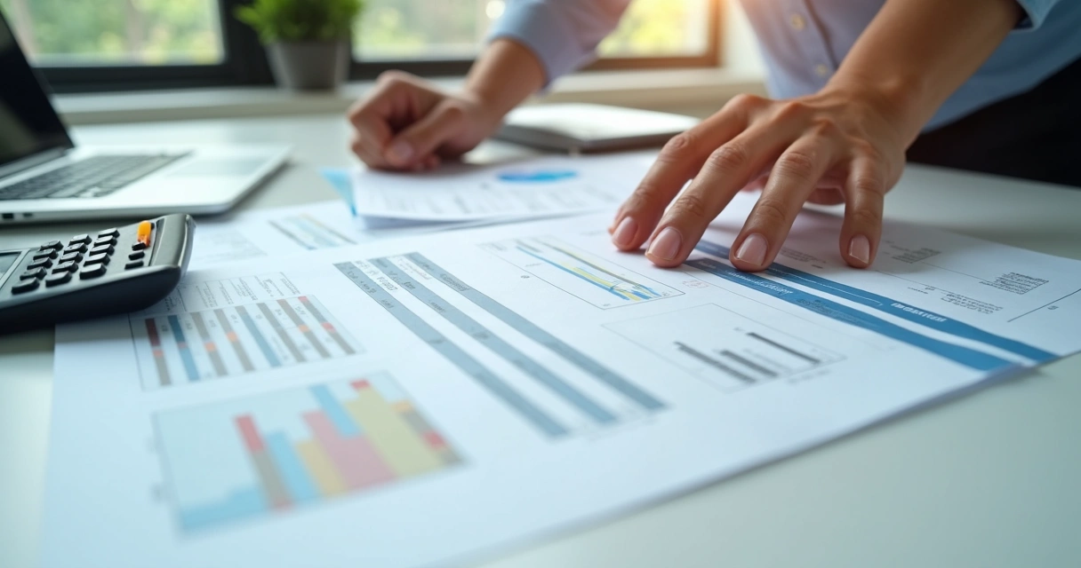 Pessoa organizando documentos e notas fiscais em mesa de escritório