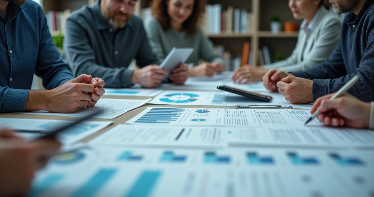 Equipe reunida analisando documentos e planilhas de prestação de contas de projeto público