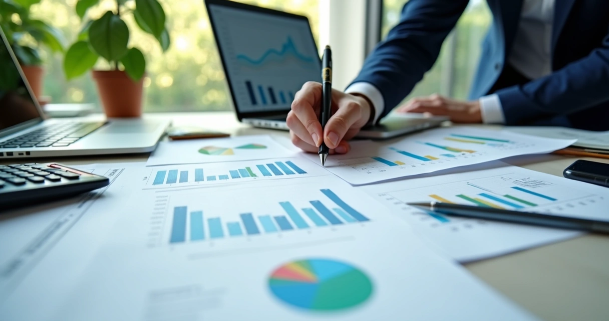 Documentos e gráficos financeiros organizados sobre mesa para prestação de contas de projetos de reciclagem 