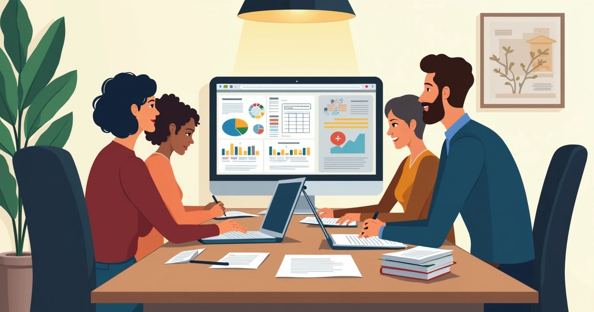 Equipe analisando planilhas de prestação de contas de campanha, propaganda digital na tela e documentos em mesa