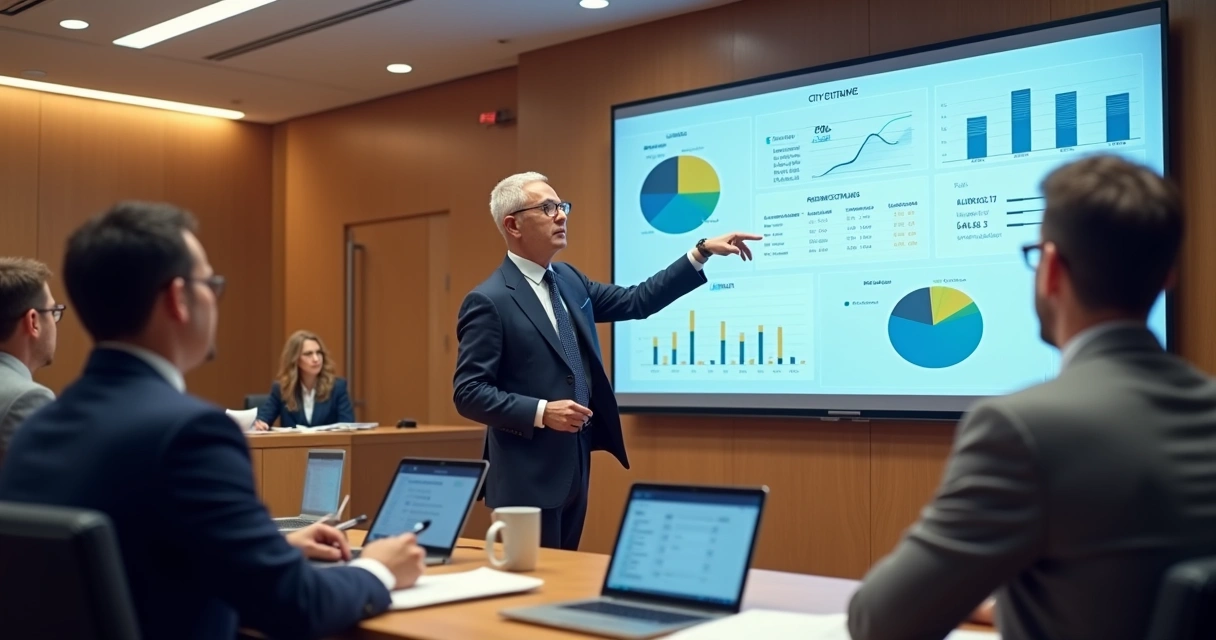 Vereador apresentando relatório público à população em painel digital