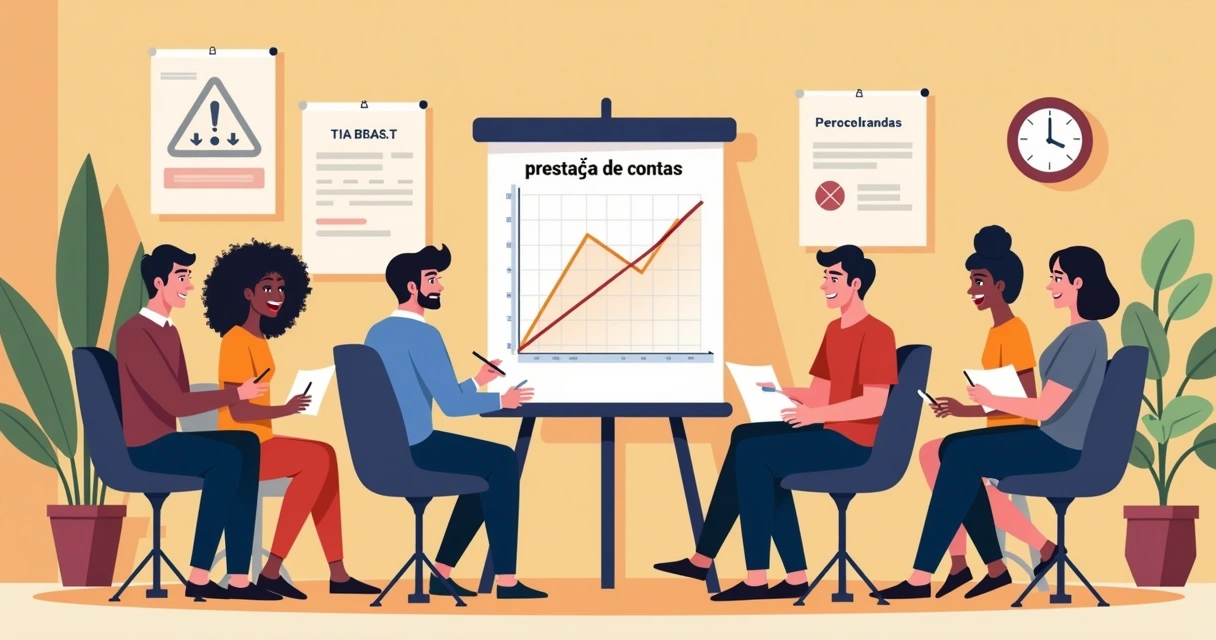 Prestação de contas em encontro sindical com pessoas conversando 