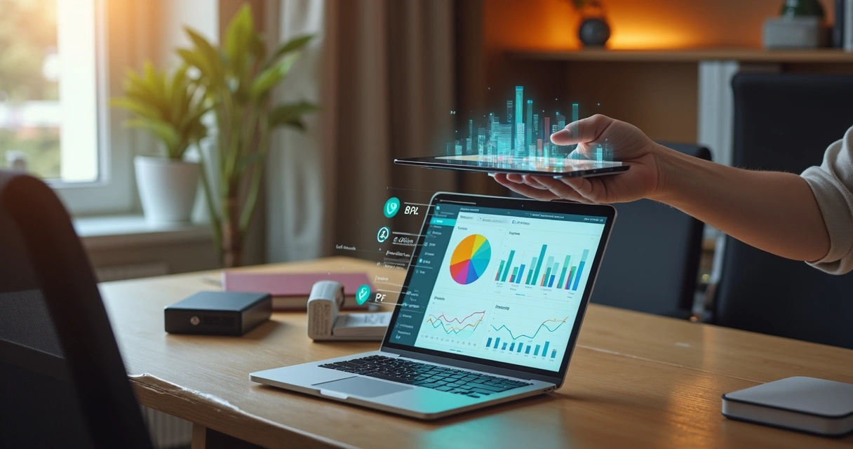 Prestador de serviços organizando finanças no tablet com hologramas de gráficos seguros 