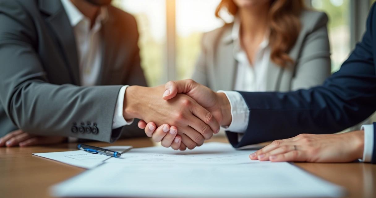 Personas estrechando la mano después de firmar acuerdo de préstamo 