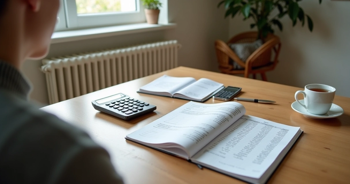 Persona revisando presupuesto con libreta, recibos y calculadora en una mesa 