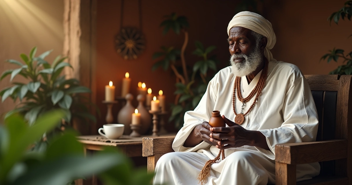 Preto Velho de Umbanda sentado em banco, segurando rosário e cachimbo, ambiente espiritual e acolhedor 