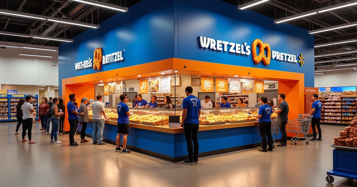 Balcão do Wetzel’s Pretzels dentro do Walmart de Porter Ranch, pessoas na fila e funcionário servindo pretzels. 