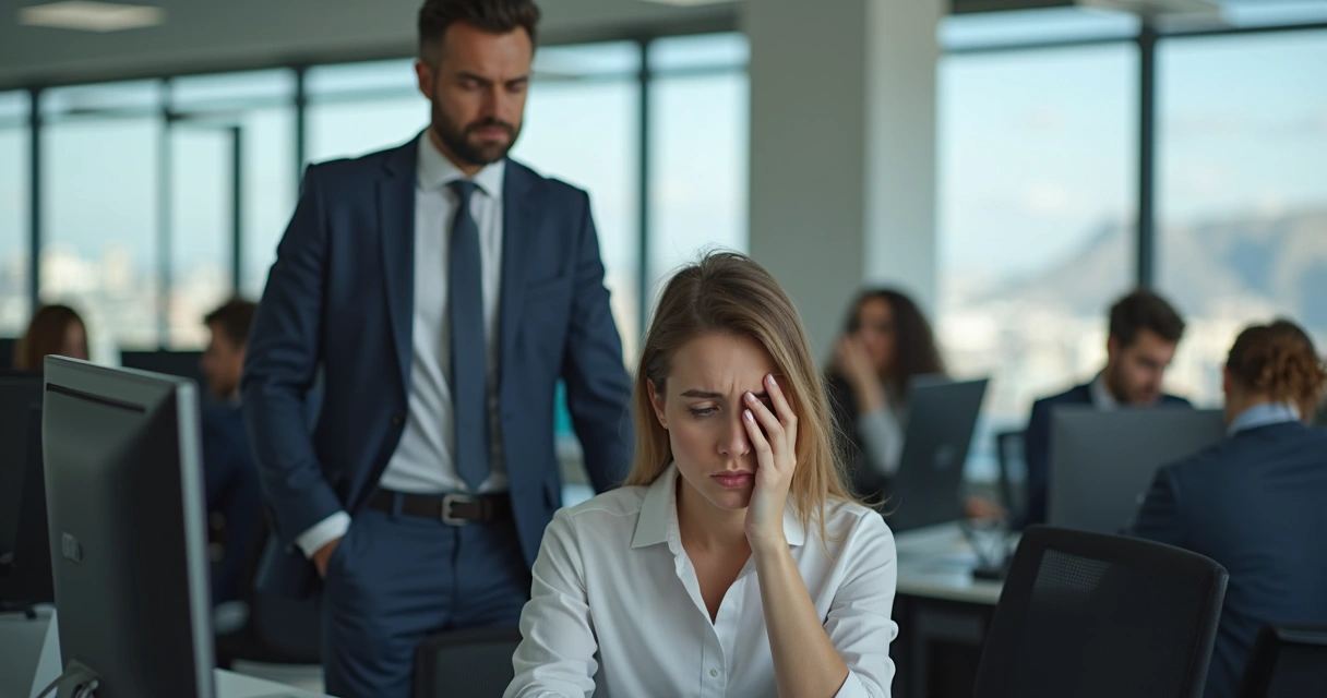 Mulher olhando preocupada para um computador em ambiente de escritório 