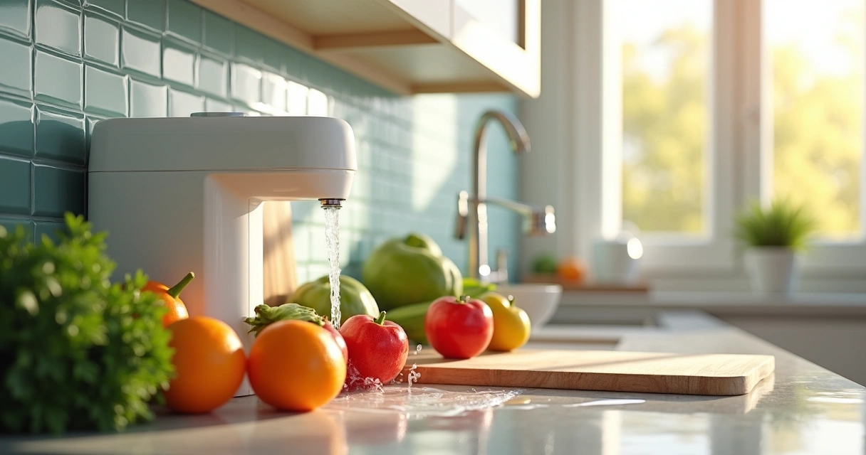 Filtro de água, frutas e legumes frescos na pia sendo lavados 