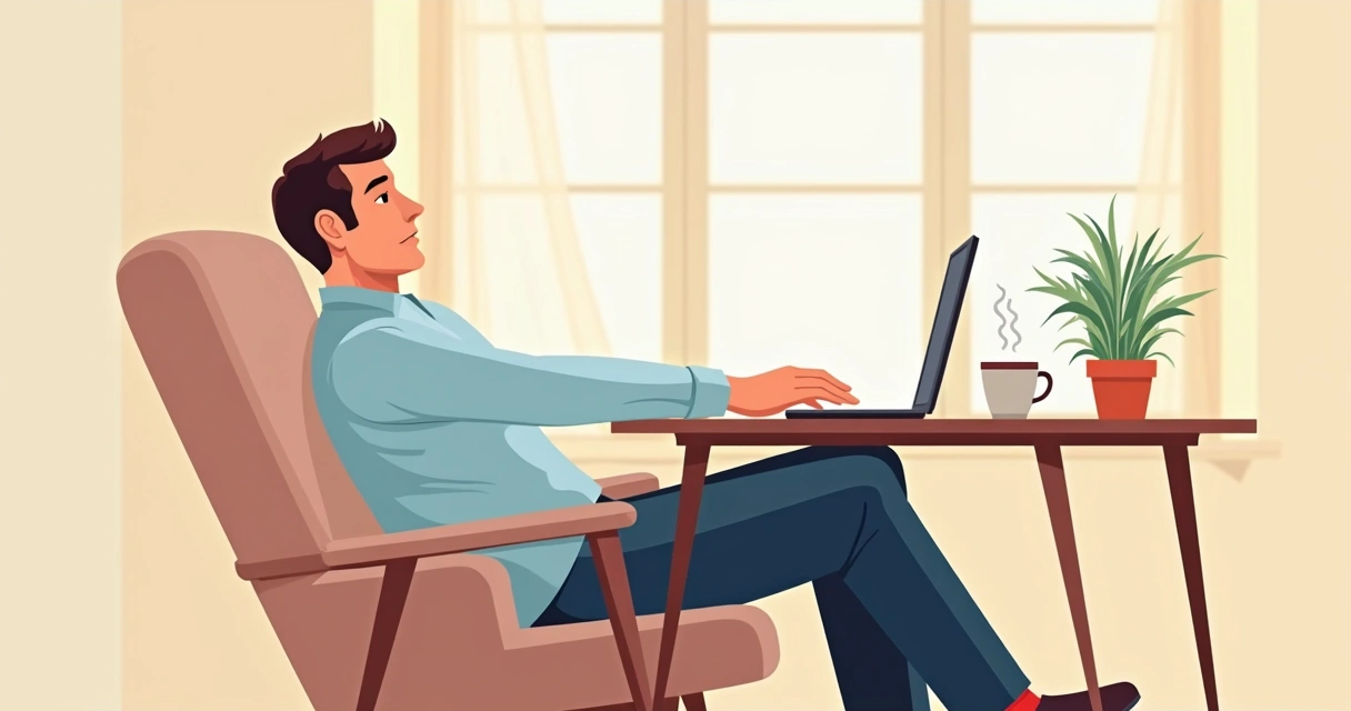 Homem sentado à mesa de trabalho vestindo cueca longa sob calça, mostrando postura relaxada e sem desconforto