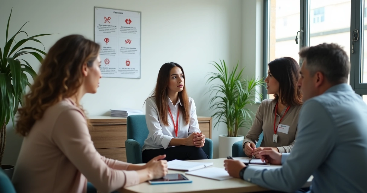 Equipe de pequena empresa em roda de conversa mediada por gestora em sala de reunião clara 